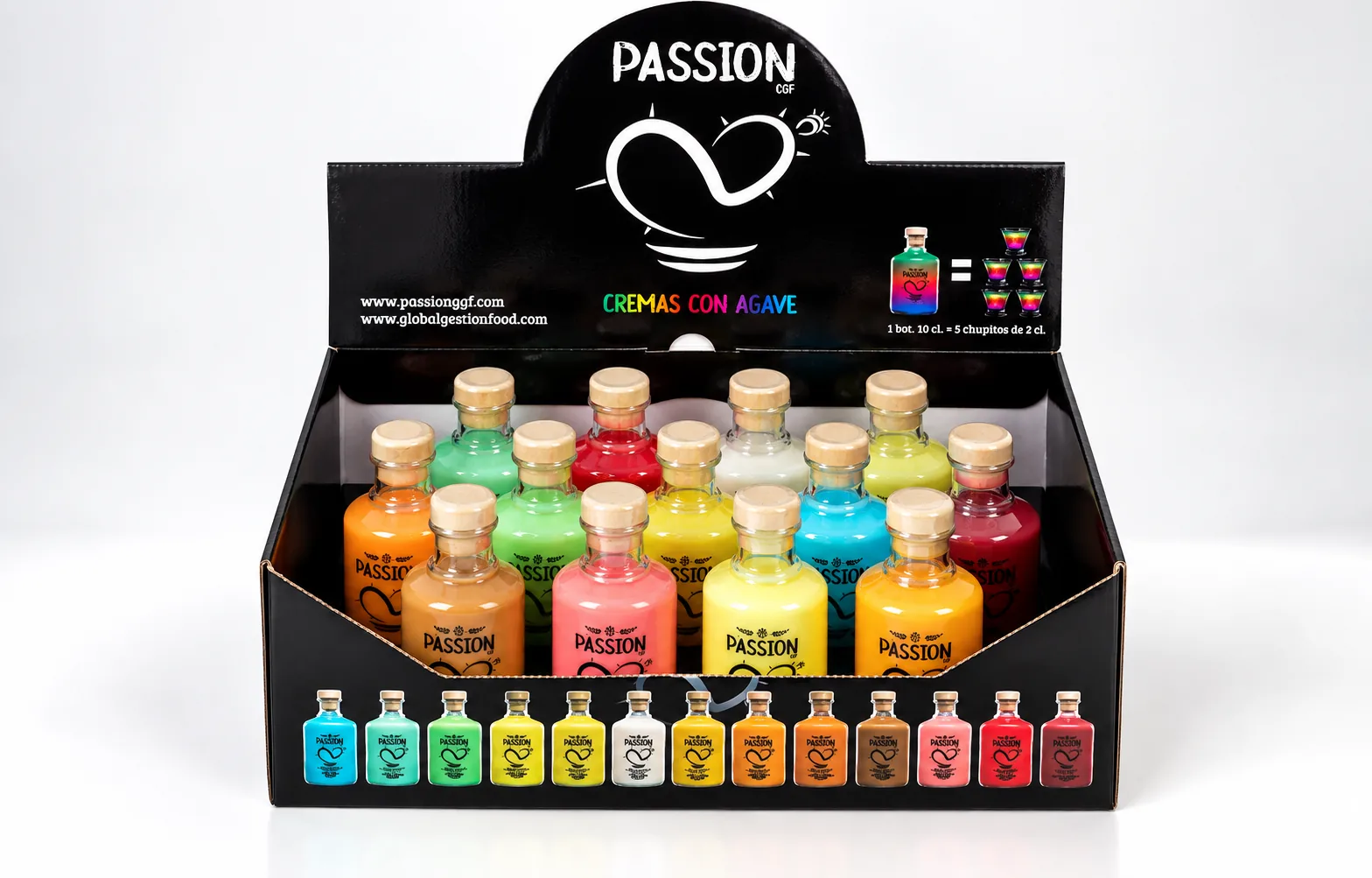 Expositor PASSION con botellas de cremas con agave de colores